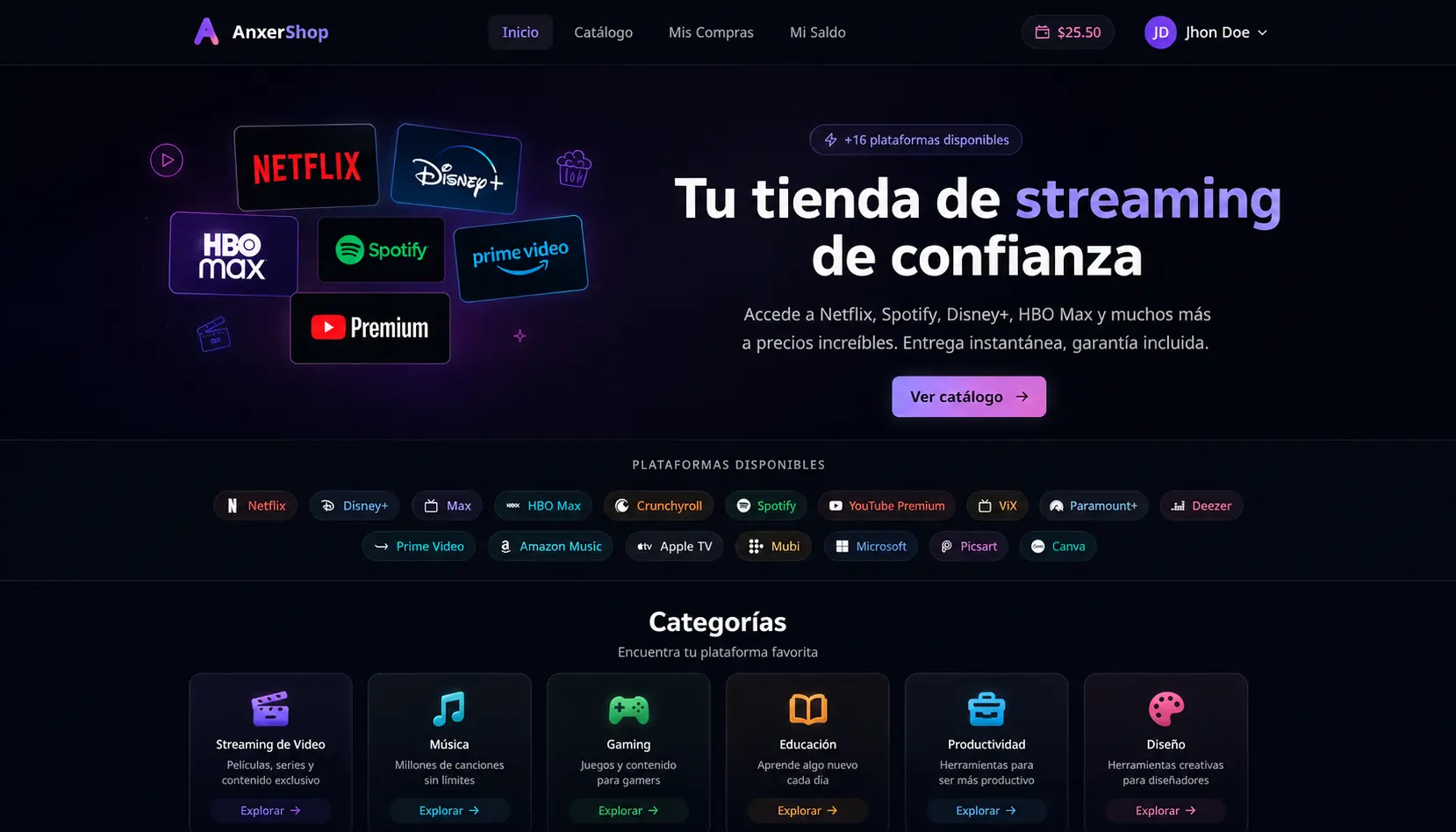 Captura de pantalla del proyecto Streaming Subscription E-commerce
